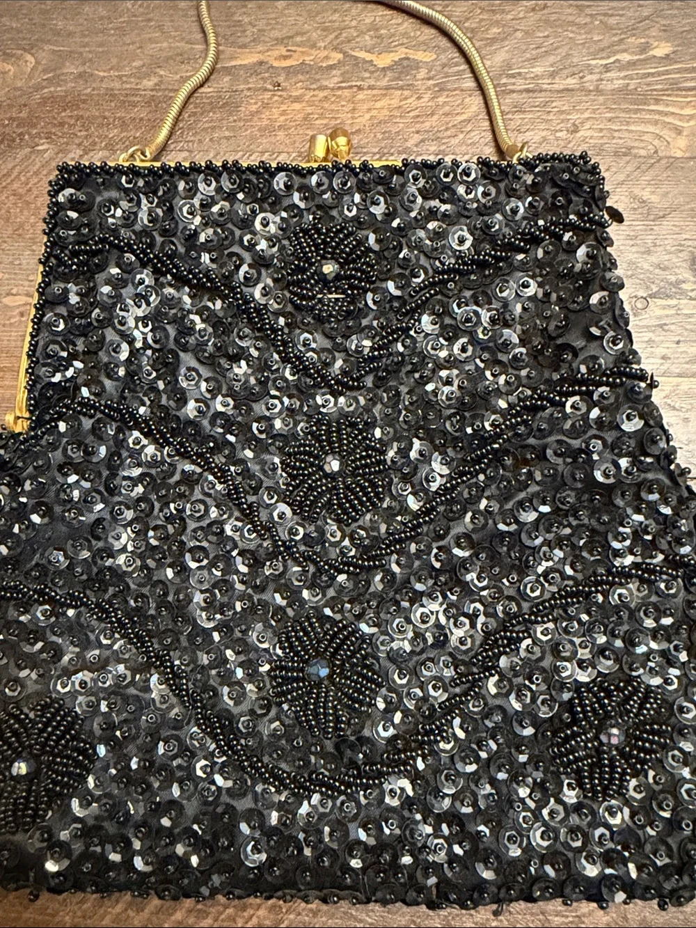 Elegant black beaded vintage 1960s DENA of Dallas clutch handbag gold hardware